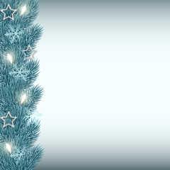 Beautiful elegant frosty christmas tree branches with metallic stars, snowflake and garland lights. Place for text. High quality illustration. Vector illustration