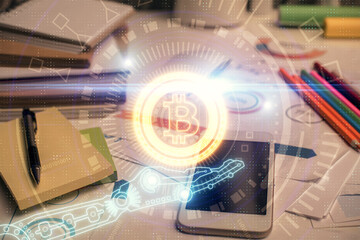 Double exposure of blockchain theme drawing and cell phone background. Concept of cryptomarket