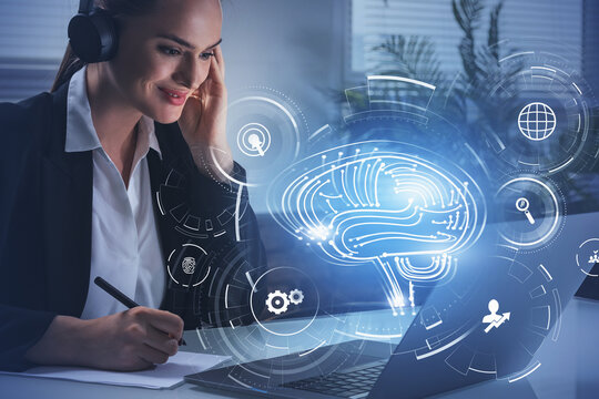 Businesswoman wearing formal suit is having online video conference call