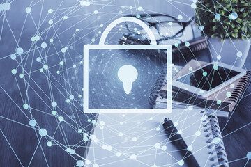 Double exposure of lock drawing and cell phone background. Concept of information security
