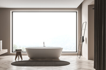 Naklejka na ściany i meble Side view on bright bathroom interior with bathtub, shower