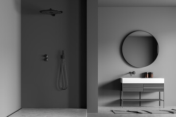 Dark grey shower room with shower cabin near modern vanity area