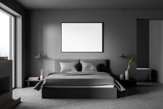 Horizontal Canvas On Dark Grey Wall Of Bedroom With Background Bathtub