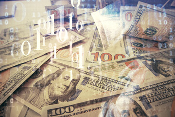 Double exposure of data theme drawing over us dollars bill background. Technology concept.