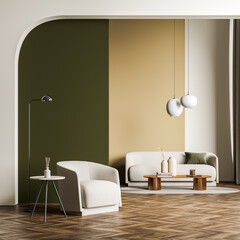 Modern green and beige living room