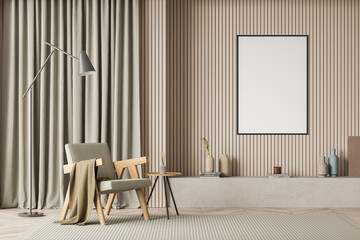 Bright living room interior with white empty poster, armchair