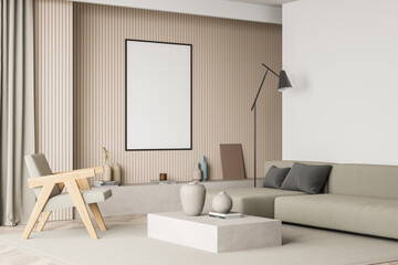 Corner view on bright living room interior with empty poster