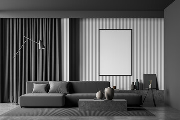 Dark living room interior with white empty poster, sofa