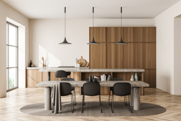 Bright kitchen room interior with dining table, six chairs