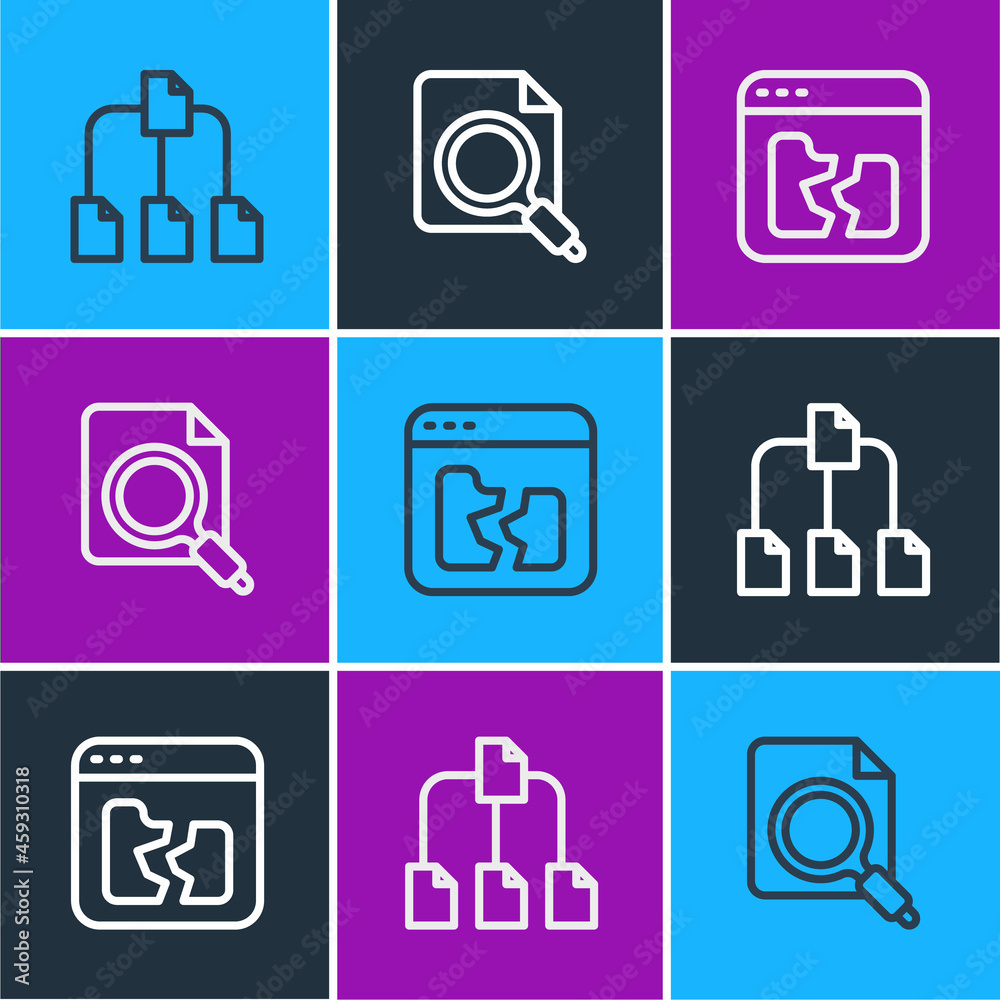 Poster set line folder tree, broken file and search concept with folder icon. vector
