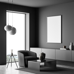 Dark living room interior with white empty poster, panoramic window