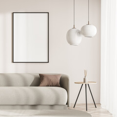 Bright living room interior with white empty poster, sofa