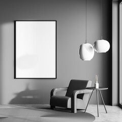 Dark living room interior with white empty poster, armchair