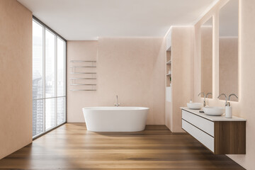 Fototapeta na wymiar On trend panoramic bathroom with pink concrete walls