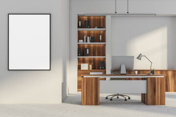 Bright office room interior with empty white poster, desktop, armchairs