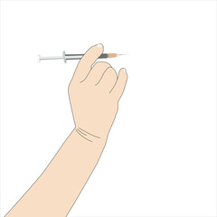 Vector illustration of the hand-holding syringe of coronavirus vaccine to vaccinate as a gesture on white background.