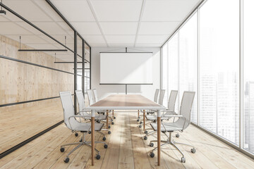 Fototapeta na wymiar Wooden office space with a flip chart in a meeting room