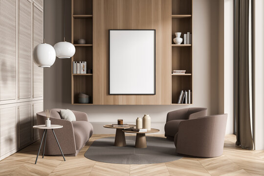Mockup canvas with stylish wood shelf in modern light brown living room