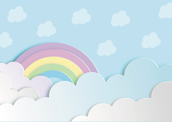 Rainbow and clouds in pastel color as paper craft style on blue background with free copy space. Vector illustration wallpaper. © Peeraya