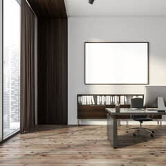 Bright office interior with empty white poster, panoramic window