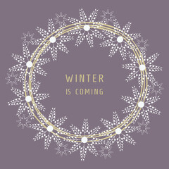 Round gold frame or border of white snowflakes on a lilac background. Design element with space for text. Suitable for cover, holiday banner, birthday, greeting card, invitation