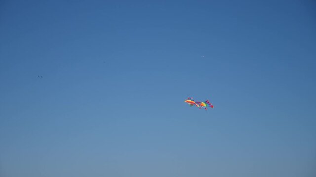 multi-colored striped kite toy flies in the blue sky in summer