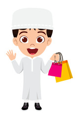 Happy kid boy character standing with shopping bag with cheerful expression