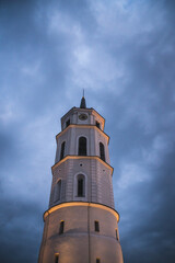 Fototapeta na wymiar Cathedral Square in the center of Vilnius, tower seen on a cloudy sky, Lithuania, Europe