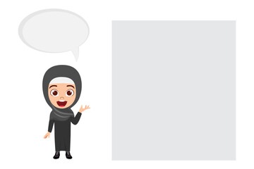 Happy cute kid girl character wearing Arab Muslim business outfits isolated and pointing to blank placard board  with speech bubble