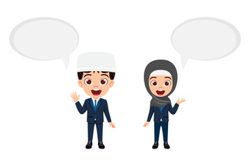 Happy cute kid boy and girl character wearing Arab Muslim businessman outfits isolated with speech bubble
