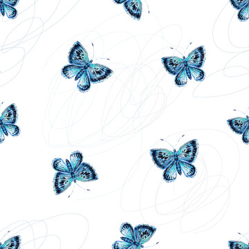 The blue beautiful butterfly is isolated on a white background. Insect drawing with pencils. Seamless pattern for design.