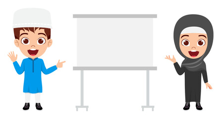 Happy cute kid boy and girl character wearing Arab Muslim businessman outfits isolated and pointing to blank placard board 