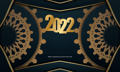 Template Greeting Card 2022 Merry Christmas Dark Blue with Abstract Gold Ornament