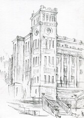 old building with a tower and stairs on the street sketch  - 459312595