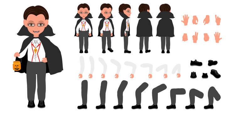 Flat Vector Illustration of Kid Boy Wearing a Dracula Halloween Costume, Cartoon Character Set For Animation, Various Views, Poses and Gestures
