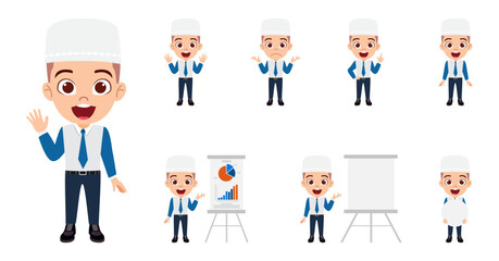 Happy Muslim Arab kid boy businessman character standing and doing different action with presentation board placard graph