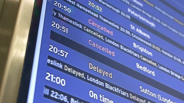 Departure board showing cancelled and delayed train journeys from London St Pancras International station.