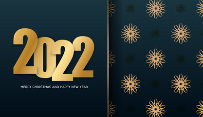 Greeting Flyer Template 2022 Merry Christmas and Happy New Year in Dark Blue with Winter Gold Ornament