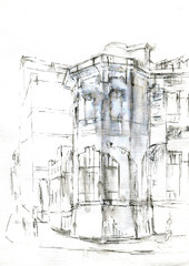 facade of the art deco building on the street sketch  - 459314314