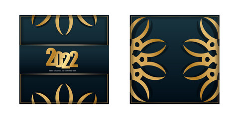 Template Greeting Flyer 2022 Happy New Year Dark blue color with vintage gold ornament