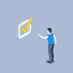 isometric vector illustration on a gray background, a man puts a check mark in a special box, approval or vote