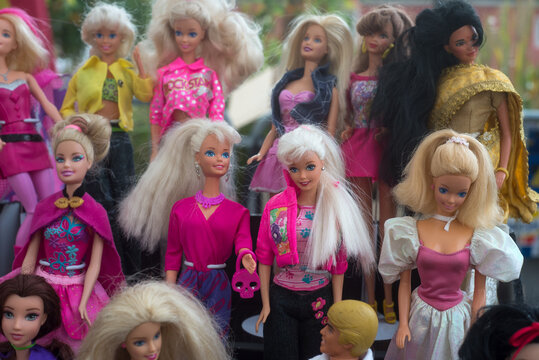 Brunstatt - France - 26 Septembre 2021 - Closeup of Barbie dolls collection at the flea market in the street