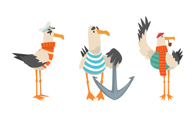 Seagull Sailor Character in Striped Vest and Hat Smoking Pipe Vector Set