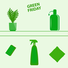 Green Friday. Cleaning cleaning supplies, napkins, pot of leaves, shopping bag - vector. Business concept. Support the movement of a local producer.