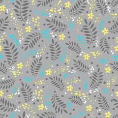 Fototapeta na wymiar Seamless elegant pattern with small leaves and flowers. Turquoise, yellow and white flowers, on a gray background. Floral small print. Botanical decor. Flat vector.