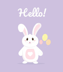 Hello lettering. Postcard. Cute rabbit with balloons. Cartoon style.