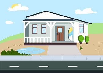 Vector illustration. Landscape with a house and a street.
