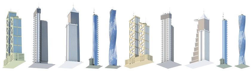 Set of high detailed corporate tall buildings with fictional design and cloudy sky reflection - isolated, bottom view 3d illustration of architecture