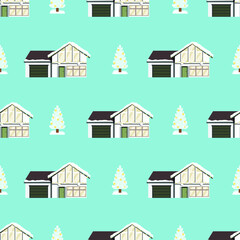 Fototapeta premium Vector illustration pattern. Winter house with a Christmas tree