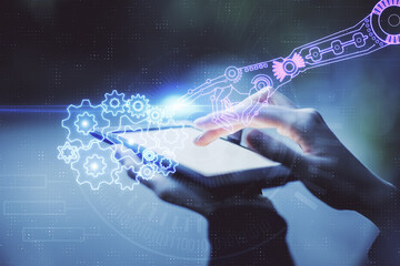 Double exposure of technology sketch hologram and woman holding and using a mobile device. Ai...